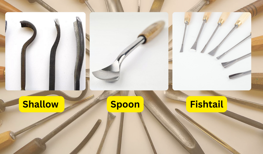 Shallow, spoon and fishtail gouges