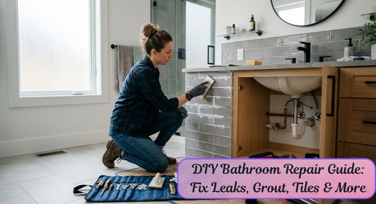 Woman repairing bathroom tiles and grout.