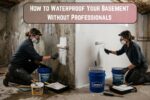 Two people painting basement walls white