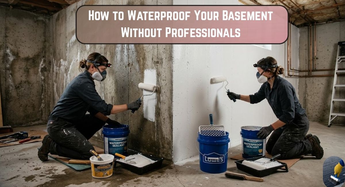 Two people painting basement walls white